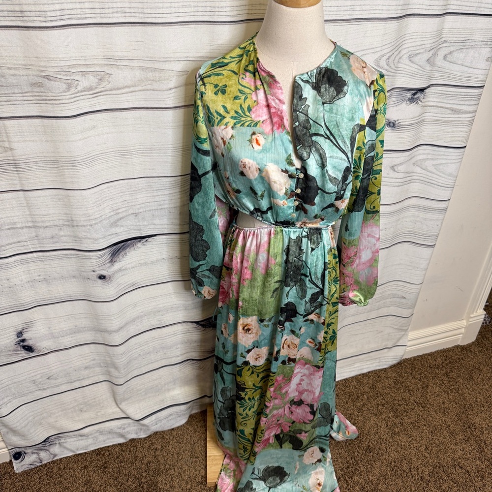 Zara Floral Mint & Pink Long Sleeve Maxi Dress